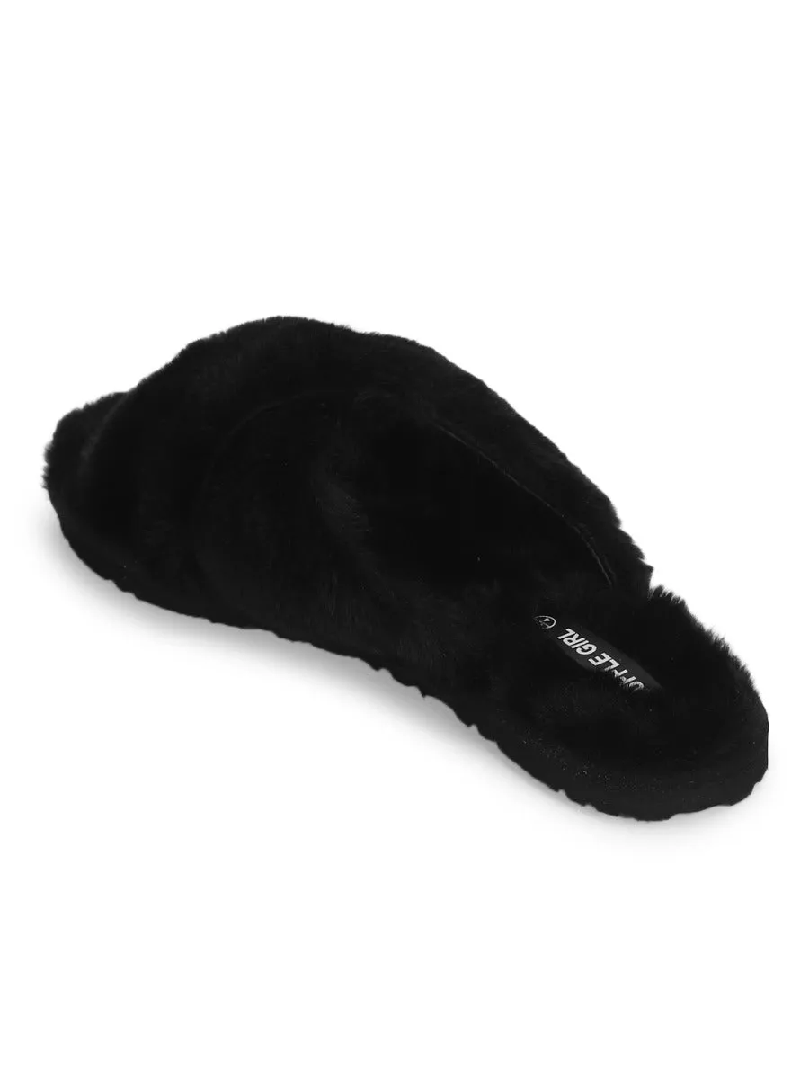 Black Fuzzy Fur Slip Ons