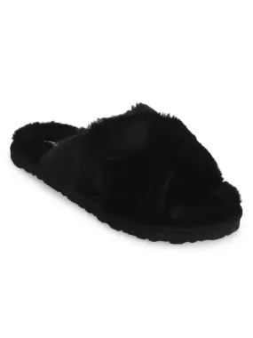 Black Fuzzy Fur Slip Ons