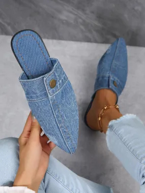 Button Decor Pointed Toe Denim Flat Slides