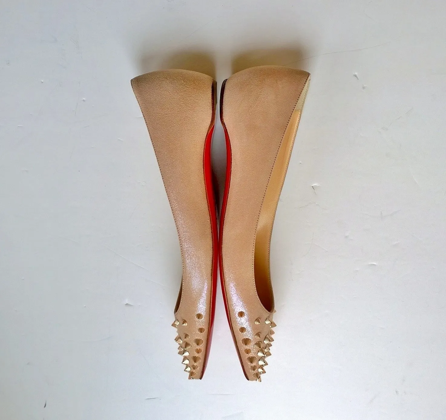 Christian Louboutin Spikyshell Spikes Flats in Shell Pink Suede