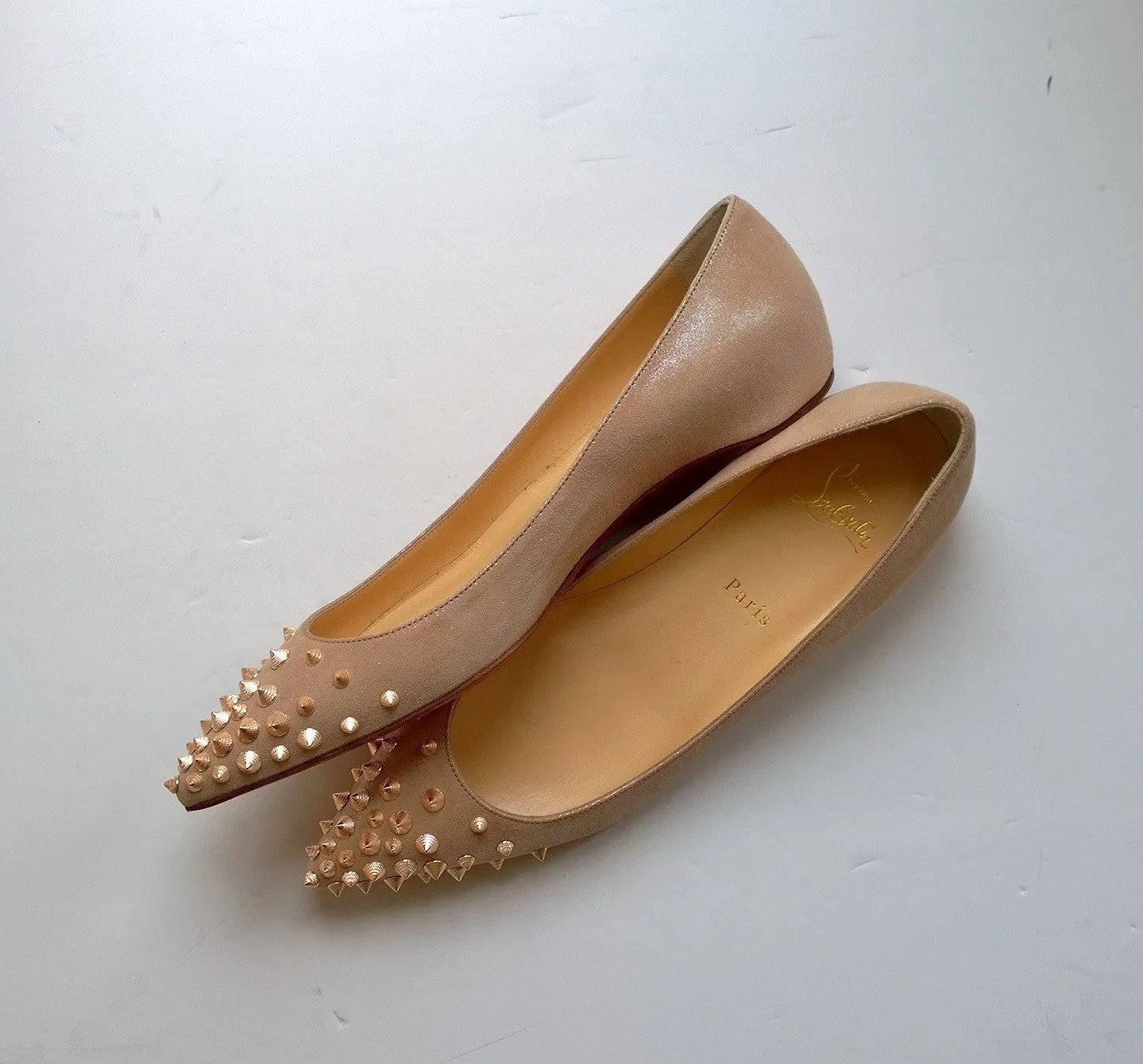 Christian Louboutin Spikyshell Spikes Flats in Shell Pink Suede