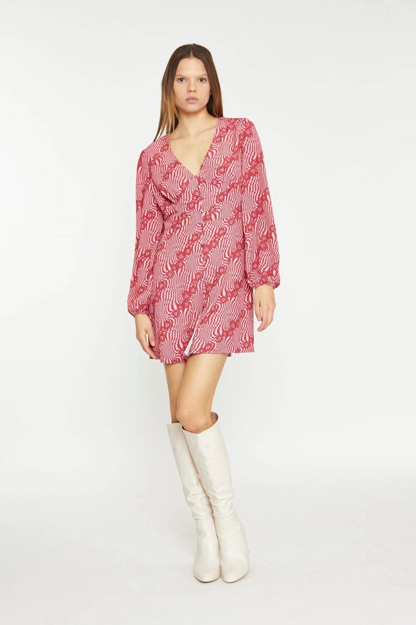 Digital-Wave Flower Long-Sleeve Mini-Dress