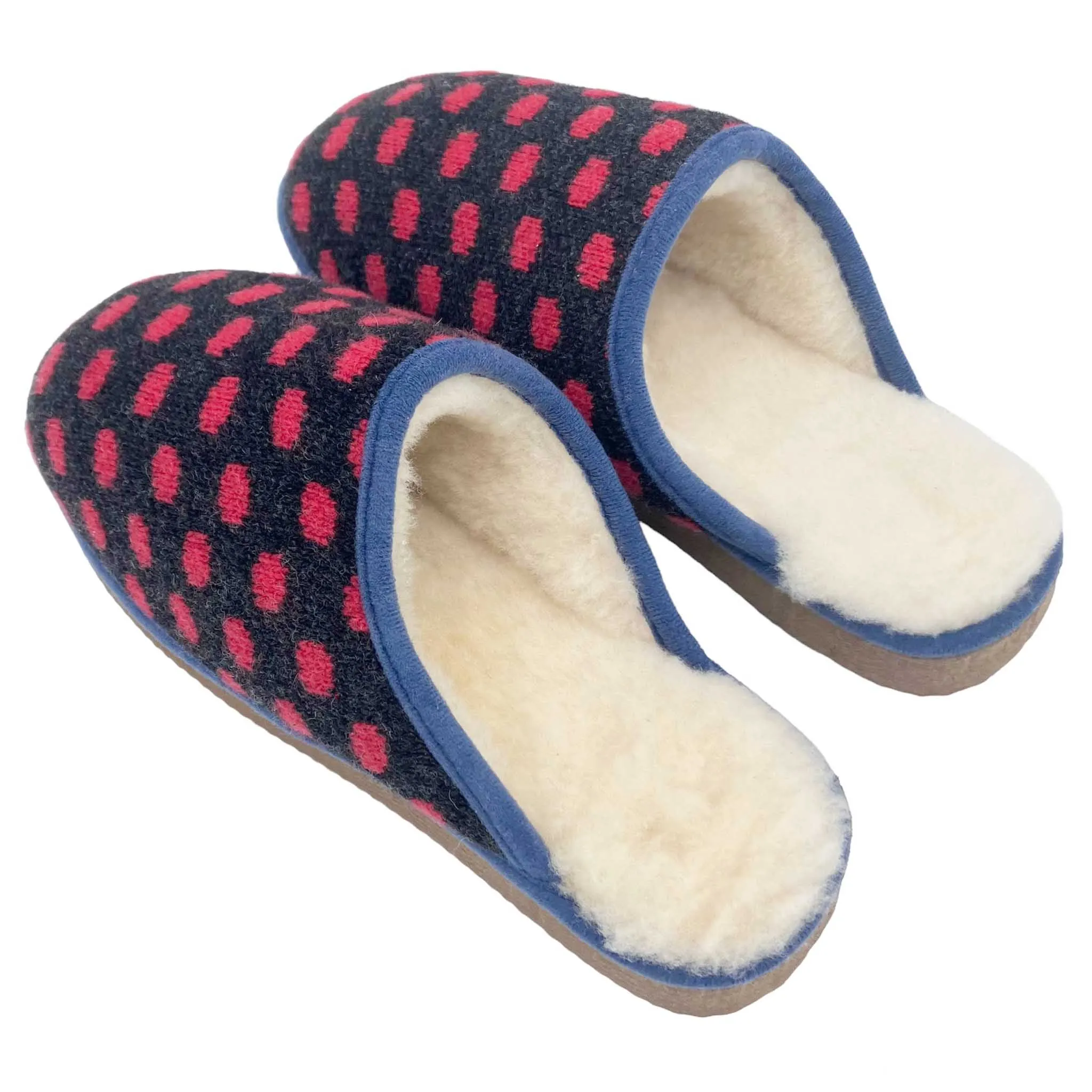 Grey & Red Spot Lambswool & Sheepskin Slippers