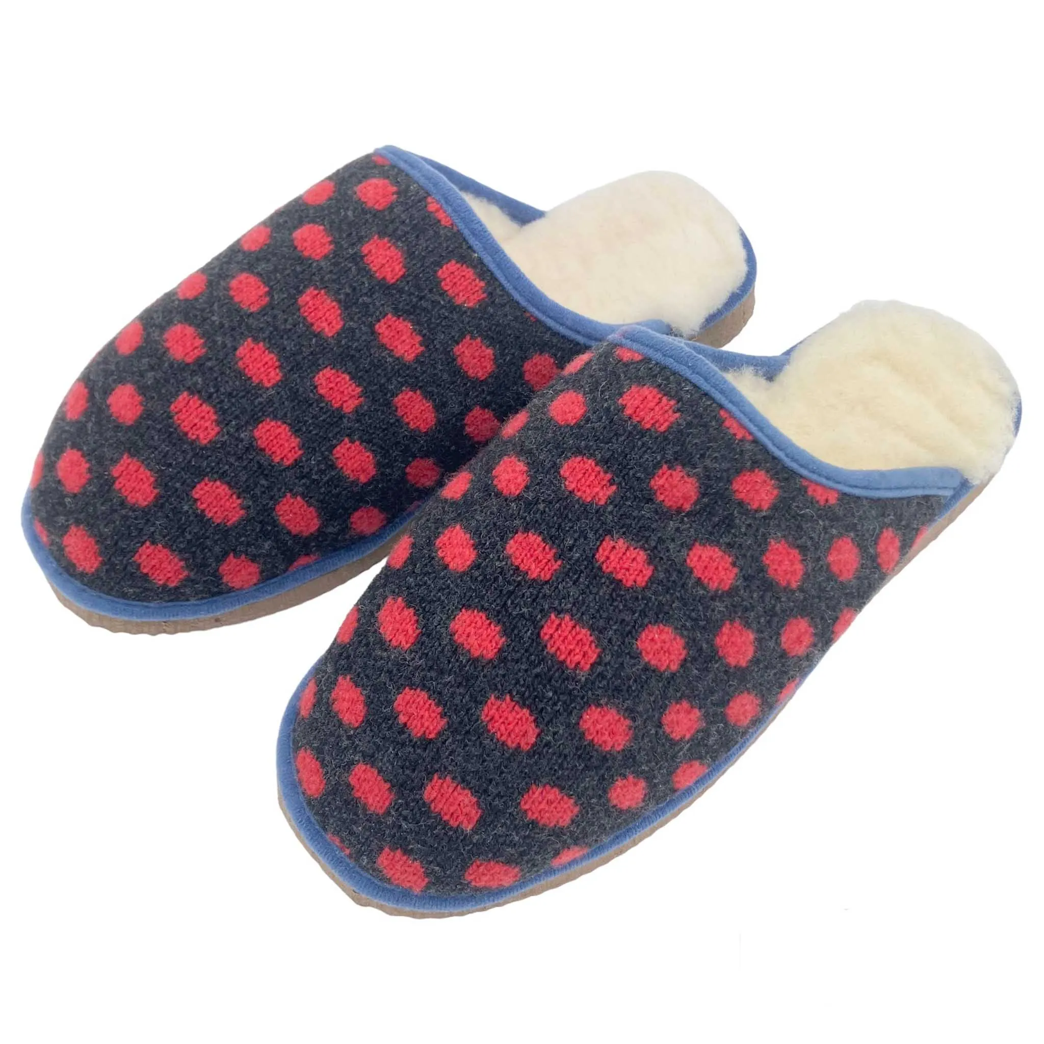 Grey & Red Spot Lambswool & Sheepskin Slippers