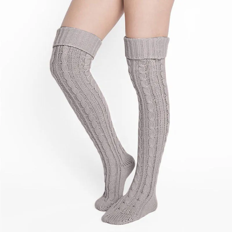 Lofty Monochrome Color Thigh High Chunky Cable Knit Socks