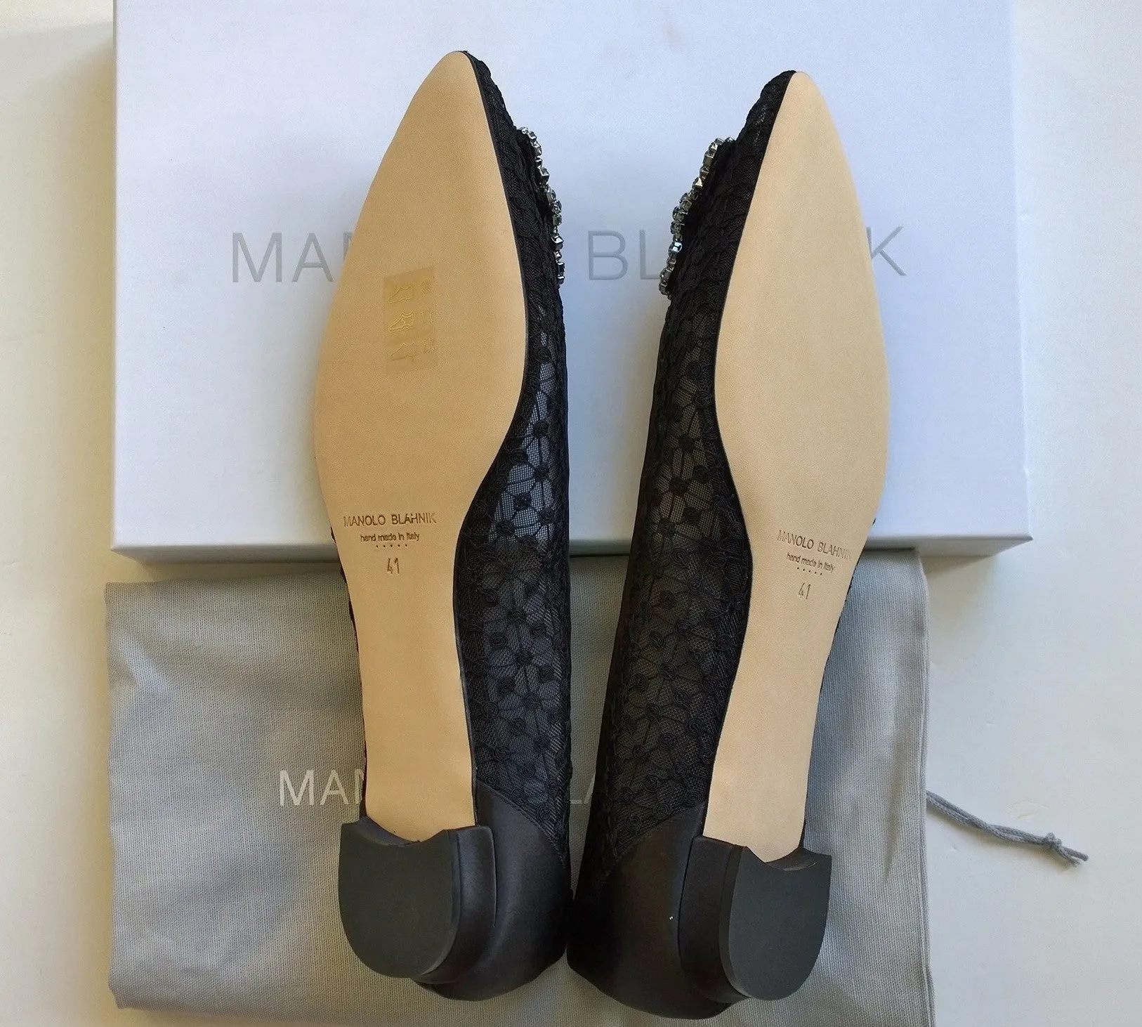 Manolo Blahnik Hangisi Black Lace Rhinestone Buckles Flats Shoes