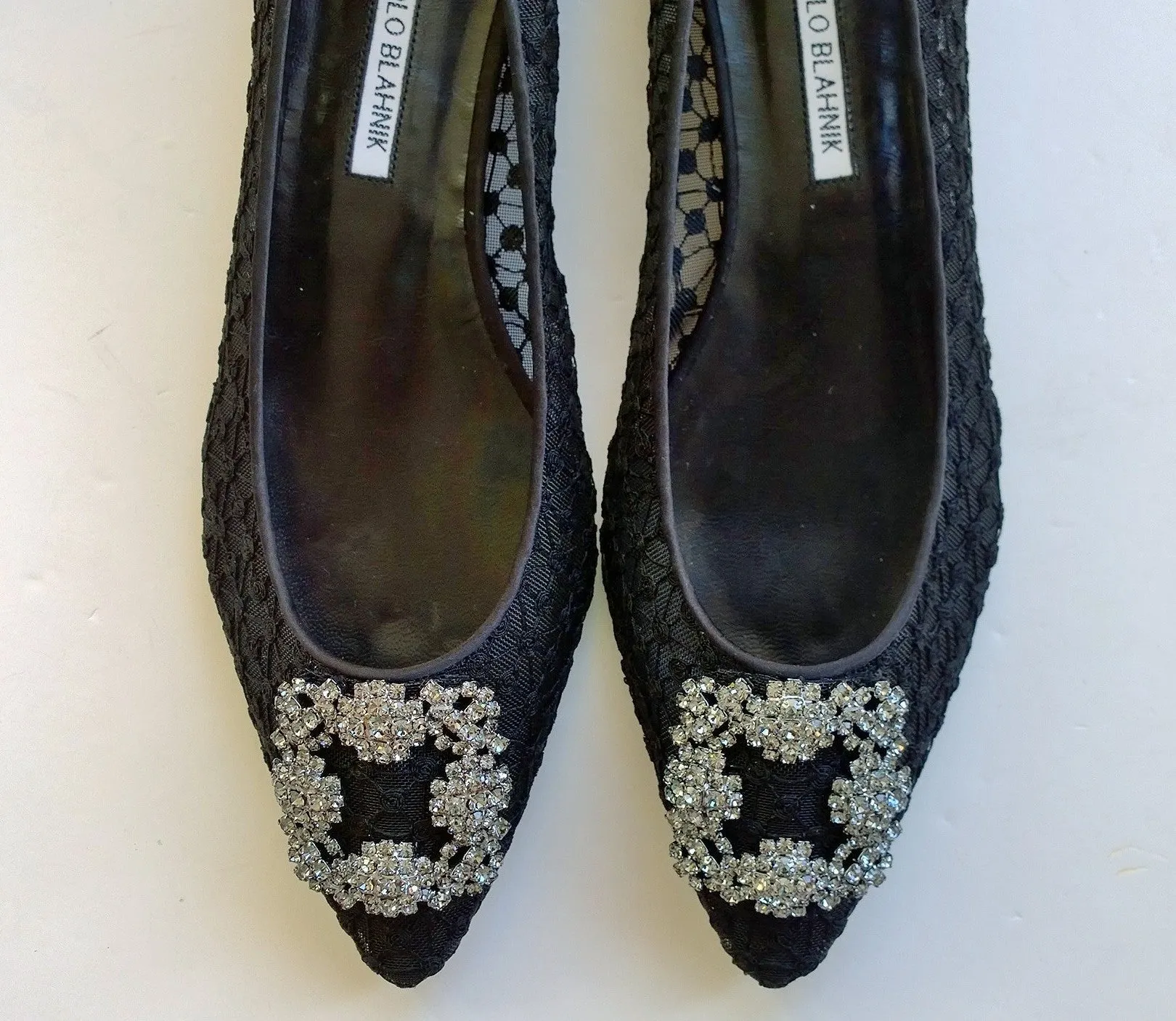 Manolo Blahnik Hangisi Black Lace Rhinestone Buckles Flats Shoes