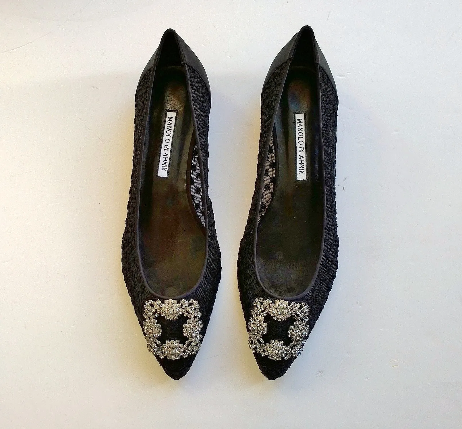 Manolo Blahnik Hangisi Black Lace Rhinestone Buckles Flats Shoes