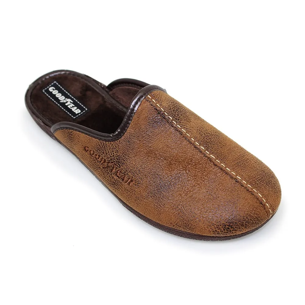 Mens Bedroom Slippers Brown Mule Goodyear Tees Slip On