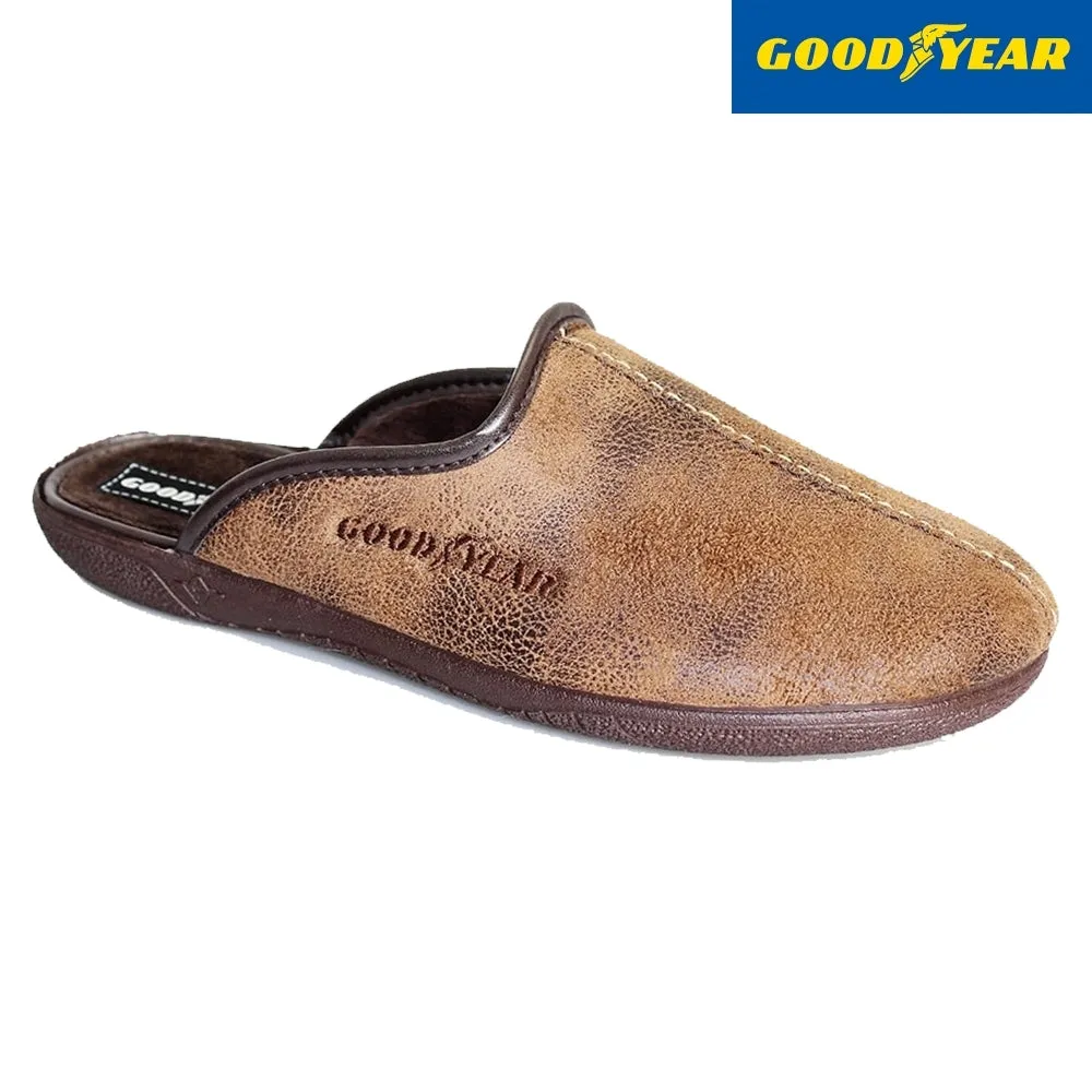 Mens Bedroom Slippers Brown Mule Goodyear Tees Slip On