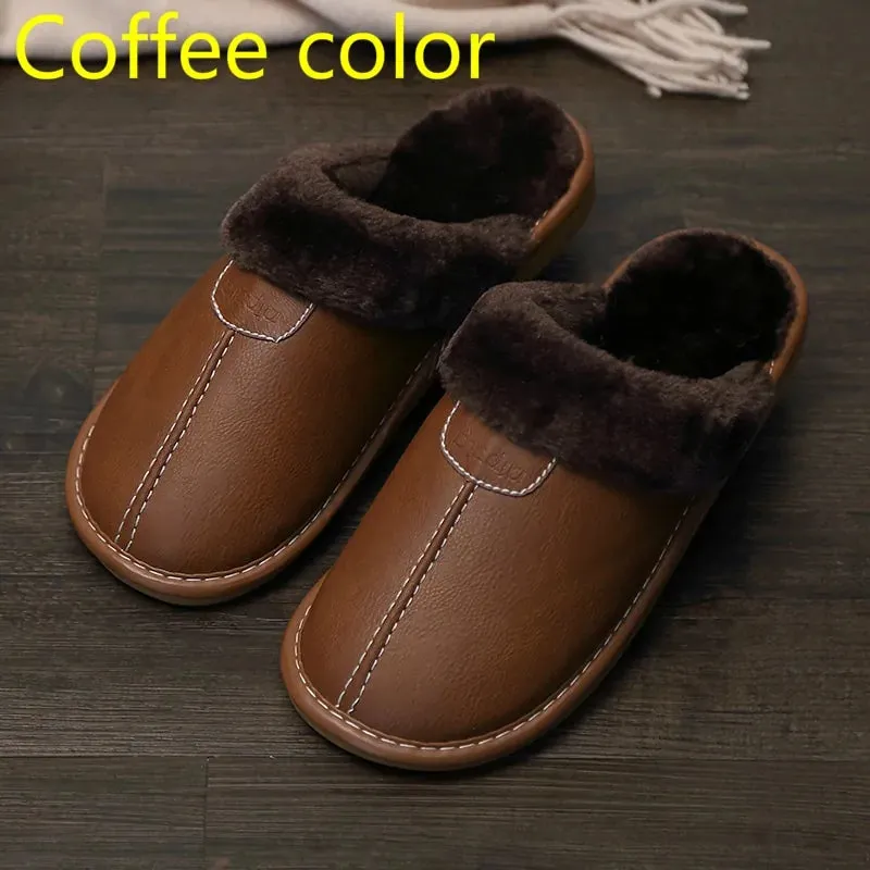 Men's Warm Leather Slippers - Vegan leather - Imported