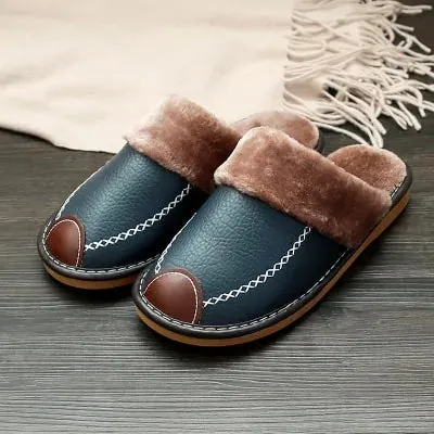 Men's Warm Leather Slippers - Vegan leather - Imported