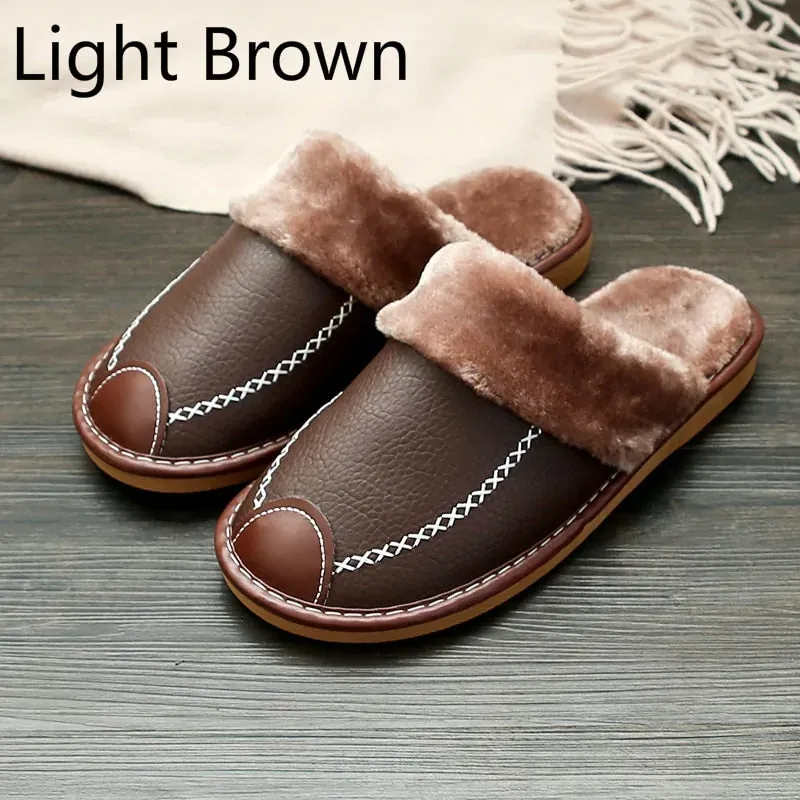 Men's Warm Leather Slippers - Vegan leather - Imported