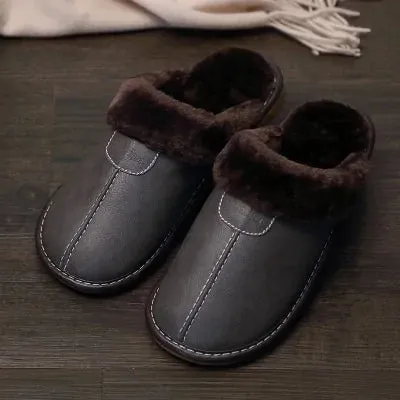 Men's Warm Leather Slippers - Vegan leather - Imported