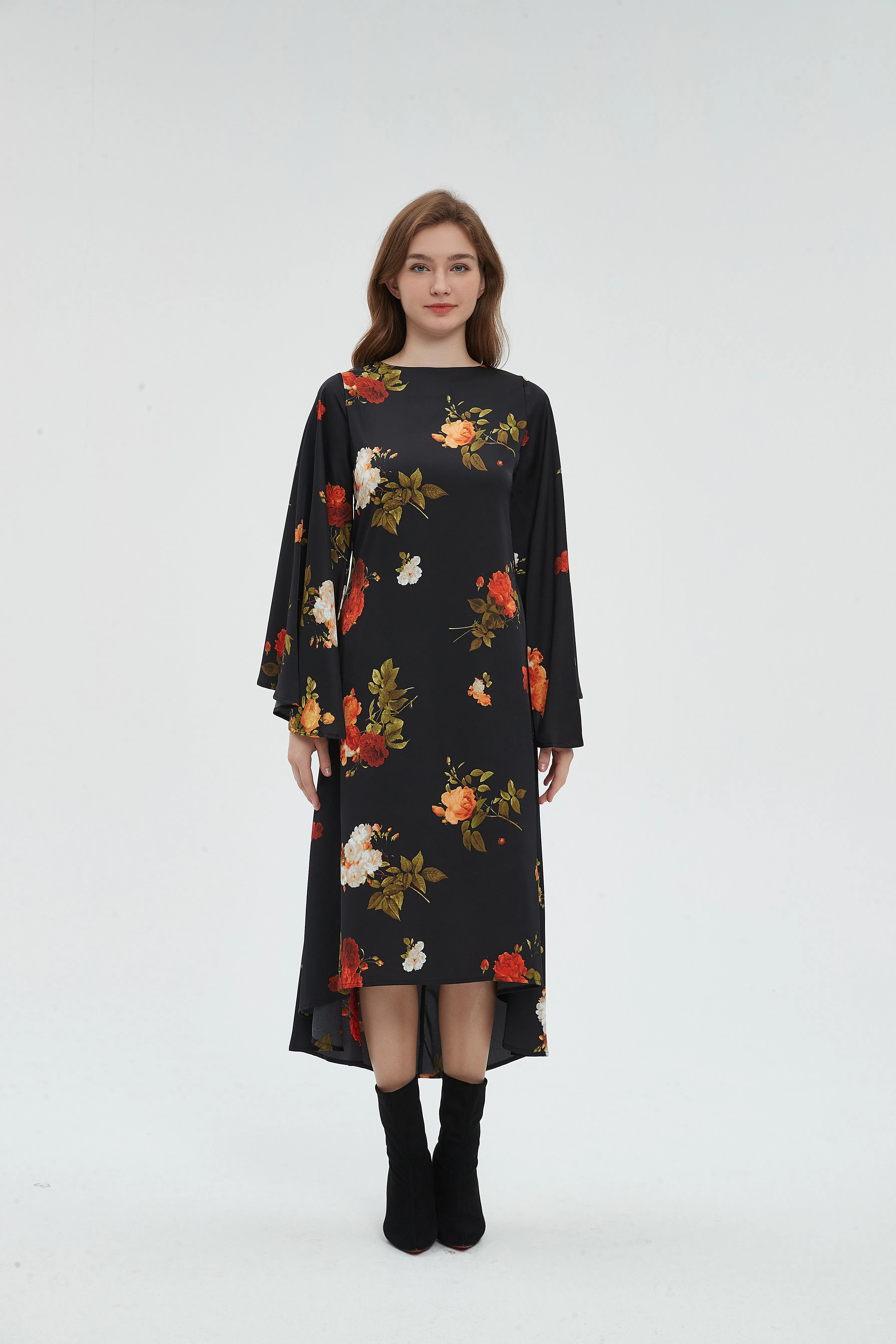 SILKY FIT AND FLARE DRESS - BLACK FLORAL