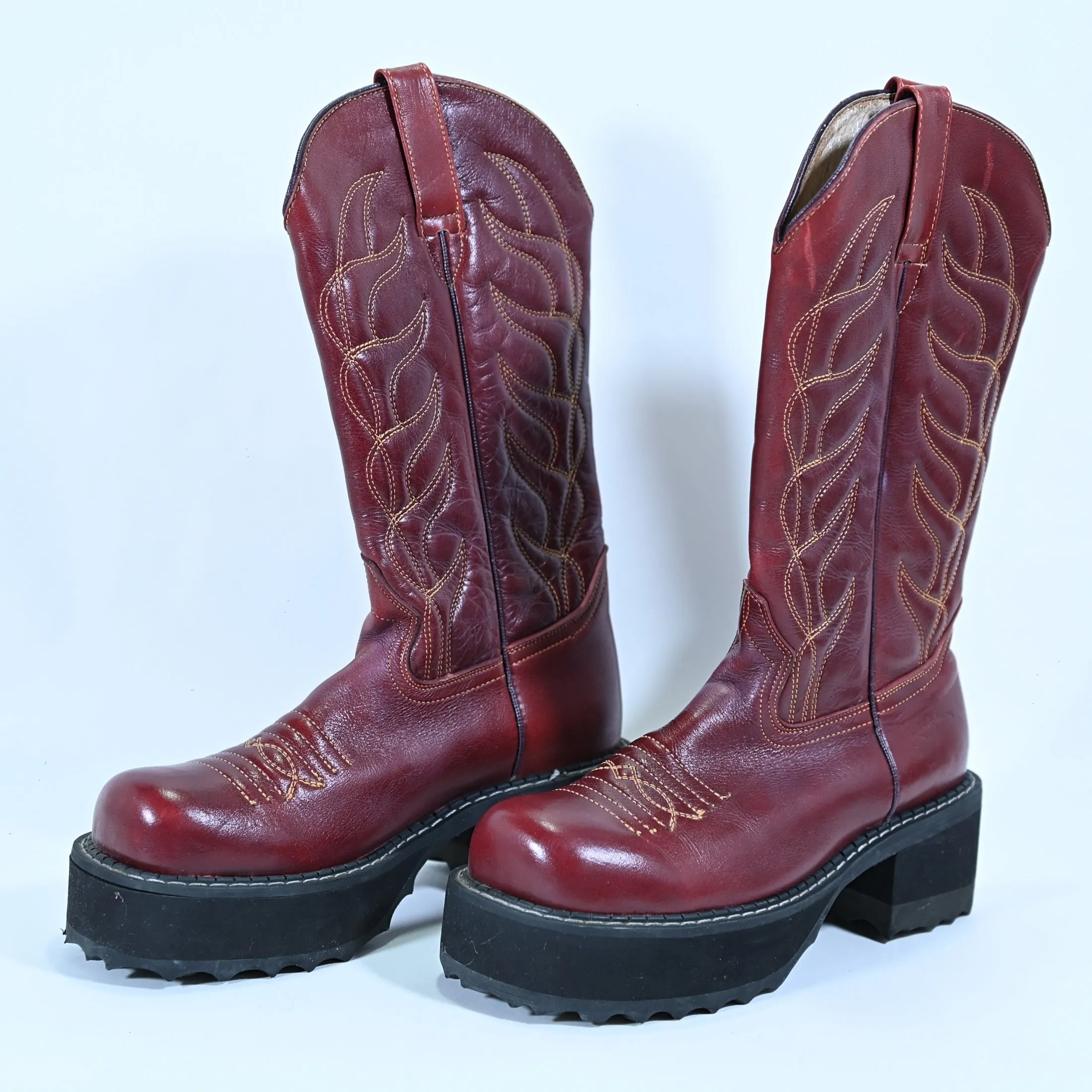 SOLD Vintage John Fleuvog Cowboy Boots, 90s Y2K Red Leather Platform Boots