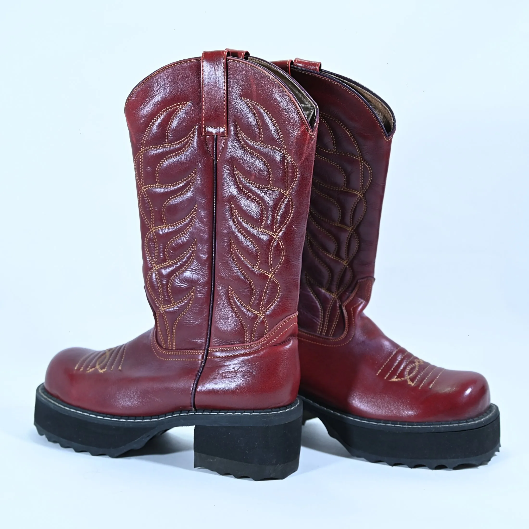 SOLD Vintage John Fleuvog Cowboy Boots, 90s Y2K Red Leather Platform Boots