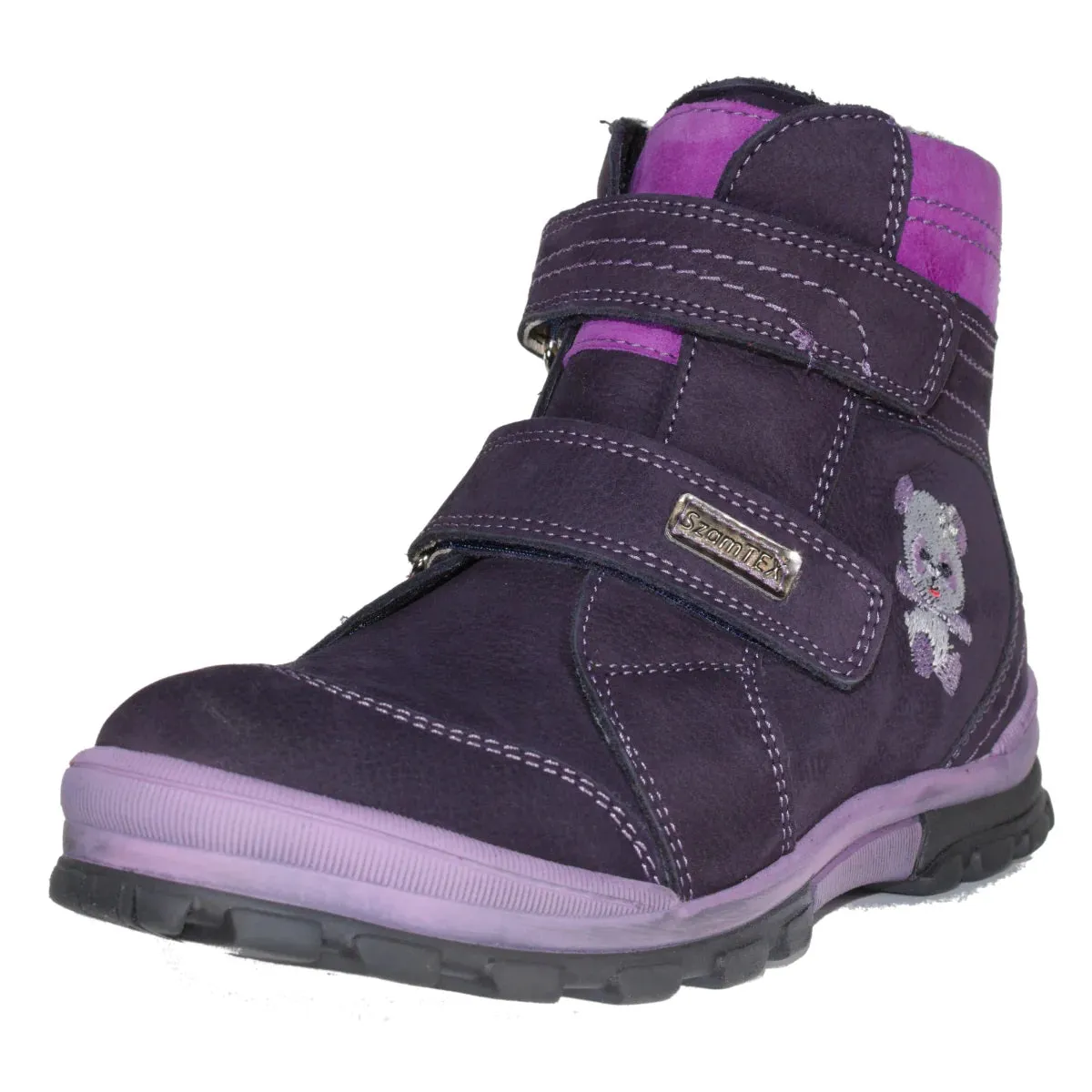 Szamos Kid Girl Boots Black And Purple With Grey Bear Pattern - Made In Europe