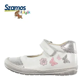 Szamos kid girl dress shoes in white with silver glitter and butterflies and velcro strap  toddler  size