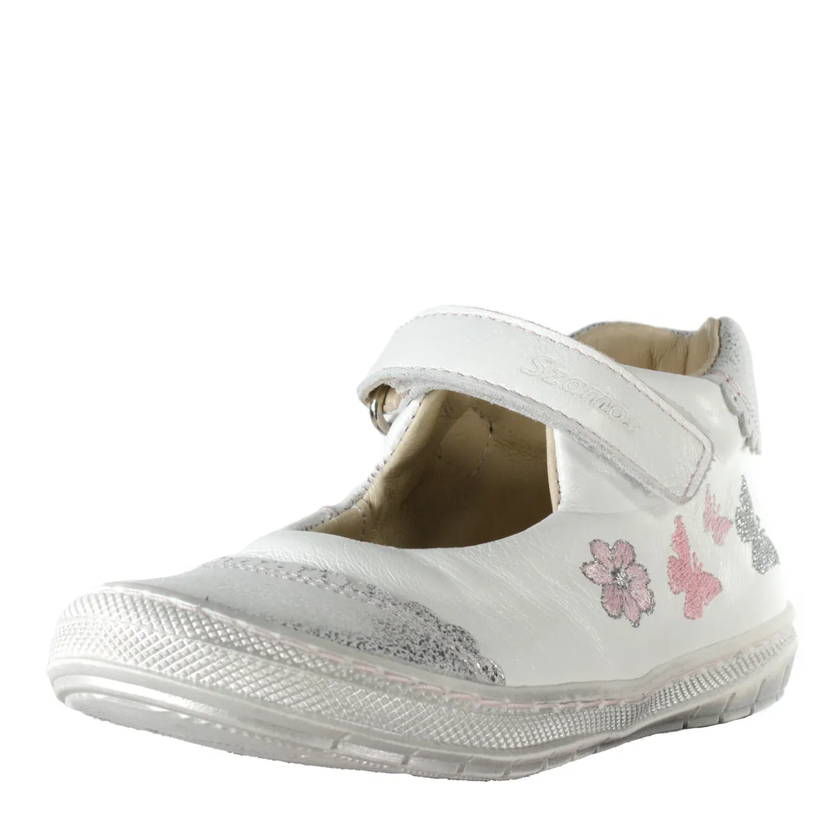 Szamos kid girl dress shoes in white with silver glitter and butterflies and velcro strap  toddler  size