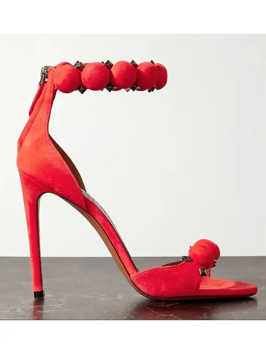 Women’s Bobble High-Heel Sandals in Red Suede